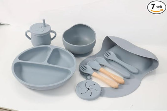 7-Piece Silicone Baby Feeding Set, Non-Toxic Plates and Utensils, Includes Divided Plate, Suction Bowl, Sippy Cup, Bib, Spoons and Fork (blue)