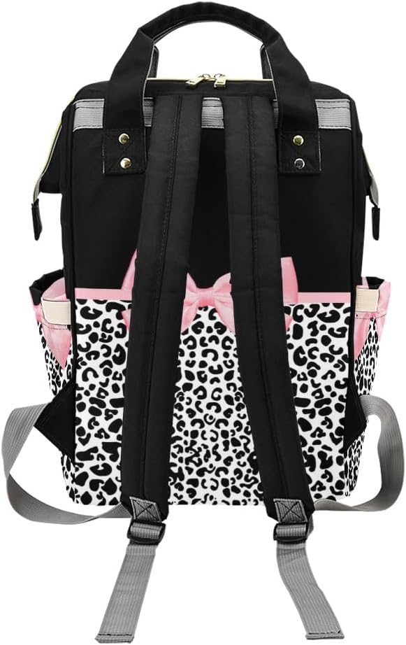 Personalized Diaper Backpack Pink Bow Leopard Print Multi Function Diaper Bag Travel Daypack Nursing Nappy Bag
