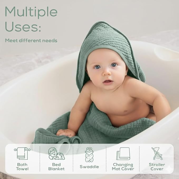 Muslin Hooded Baby Towels for Newborns, 32"x32", 100% Cotton ??6 Layers Super Soft Absorbent Breathable, Baby Bath Towel, Toddler Bath Towel ??Pack of 2