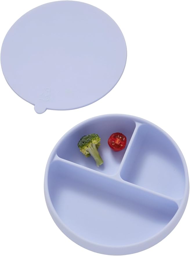 Konny EASYFEED Silicone Plate with Lid (1-4Y) 3-Divided Suction Plate Baby Led Weaning Supplies Training Baby Utensils Feeding Supplies (Lavender Blue)
