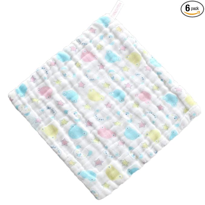 6 Layers of Baby Washcloths Natural Muslin Cotton with Cartoon Printed Design, Newborn Baby Face Towel Perfect Gifts Set of 6, Extra Soft, Breathable, 10x10 Inches (Colorful Bear Head)
