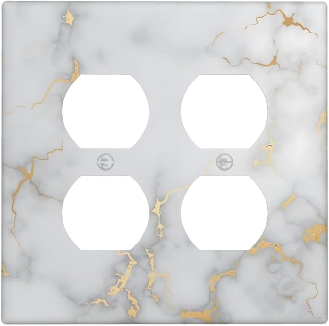 Luxury White And Gold Marble Abstract Modern Outlet Covers 2 Gang Double Duplex Decorative Light Switch Covers Electrical Wallplates Socket Faceplate for Bathroom Kitchen Decor