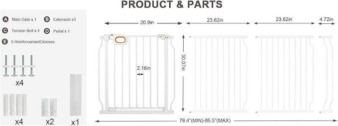 Baby Gates Extra Wide for Doorways 76.4-85.5 Inch Extra Wide Pressure Mounted Baby Dog Gate for the House Indoor Large Openning Metal Safety Gate No Drilling with Walk-Through Door,White