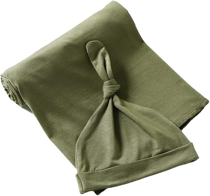Cotton Knitted Baby Swaddle Blanket with Hat Headband Set Newborn Swaddle Wrap Receiving Blankets for Baby Girl Boy 45" x 45"(OliverGreen)