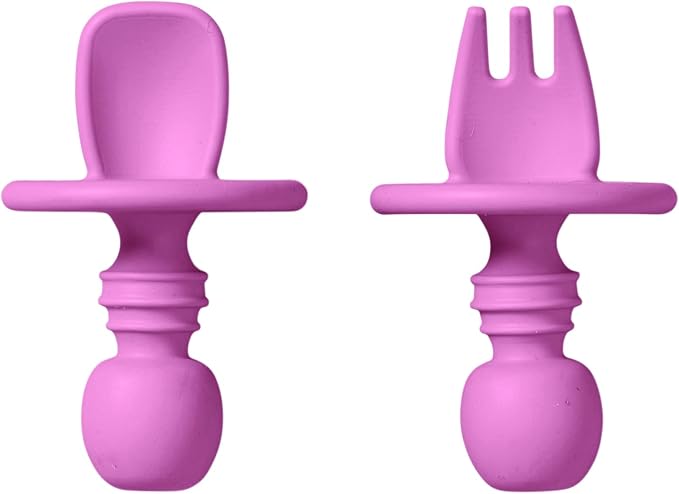 SARO “Nordic” Training Utensil Set: Silicone Ergonomic Spoon & Fork for Baby-Led Weaning & Self-Feeding (Blossom Pink)