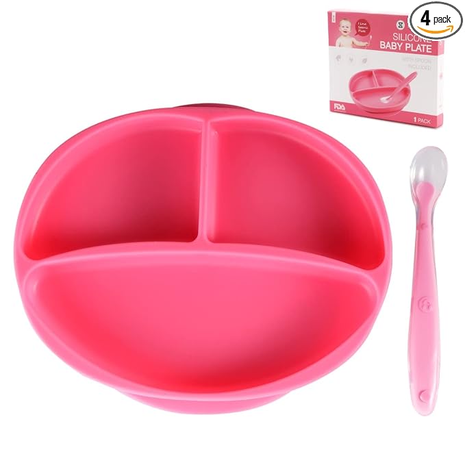 Sperric Silicone Suction Plate for Baby - 100% Food Grade Silicone Divided Plate | Toddler Self Feeding Training Suction Plate Set | BPA-Free, Microwave & Dishwasher Safe Stay Put Plates (Pink)