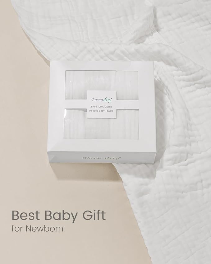 Newborn Hooded Baby Towels, 35x35 Inch 2 Pack 100% Muslin Cotton Baby Bath Towel, Soft Baby Beach Towels with Hood for Infants, Toddlers and Kids, (White + Beige)