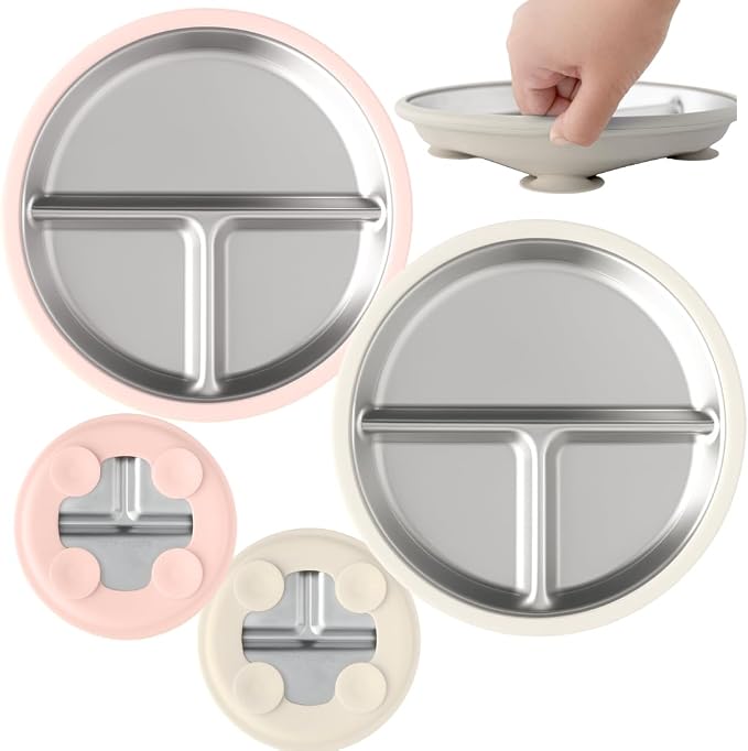 Stainless Steel Baby & Toddler Plate with Suction, Set of 2 Divided Plates with Removable Silicone Sleeves, Non Toxic BPA Free Non-Slip Unbreakable Kids Dishes (Tofu & Pearl Blush)