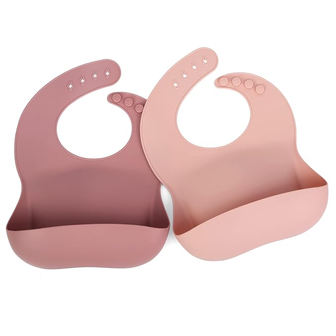 Ginbear Silicone Bibs for Babies Girl, Waterproof Adjustable Silicon Rubber Baby Feeding Bibs with Food Catcher Pocket for Toddlers 6 Months+ (Mauve/Baby Pink)