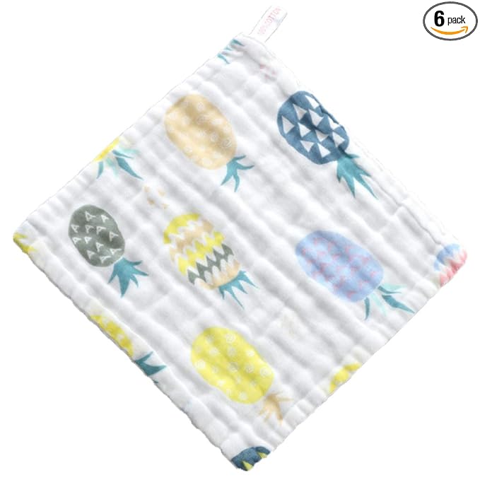 6 Layers of Baby Washcloths Natural Muslin Cotton with Cartoon Printed Design, Newborn Baby Face Towel Perfect Gifts Set of 6, Extra Soft, Breathable, 10x10 Inches (Big Pineapple)