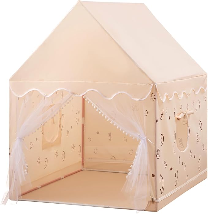 Kids Tent, Indoor & Outdoor Play Tent for Children, Toy House with Smiley Face & Star Lights, Birthday Party Decoration, Playhouse, Unisex, Birthday Present for Kids, Beige