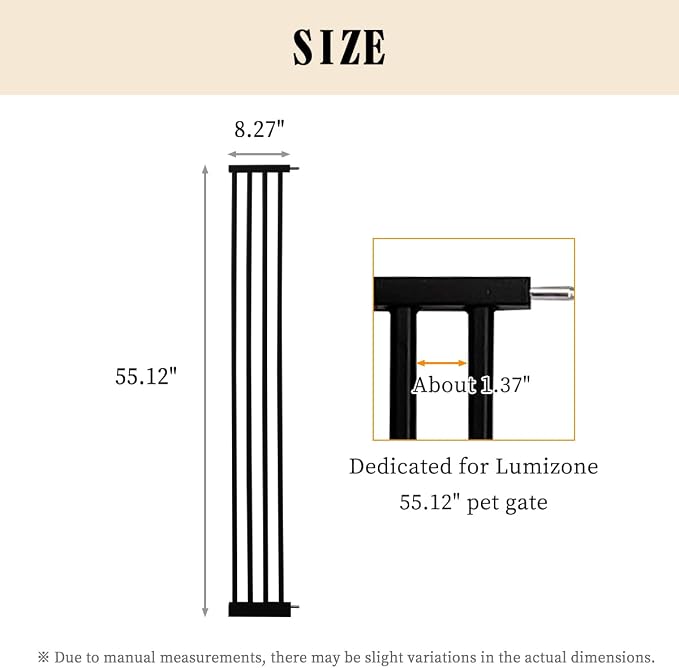 Lumizone Extra Tall Pet Gate 55.12" High Pressure Mounted 8.27" Wide Extension kit 1.37" Gap (Black, 55.12" H× 8.27" W, Extension)