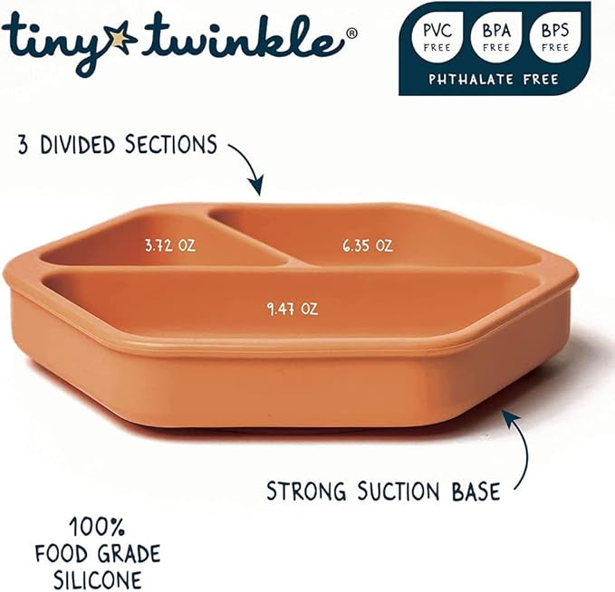 Tiny Twinkle Silicone Suction Baby Plate, Suction Grip Divided Dish for First Foods and Self-Feeding Toddlers, Baby Led Weaning Supplies for Independent Eating (Grey Plate)