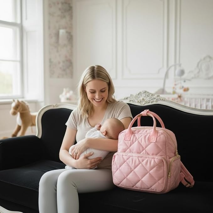 Tristan Home Quilted Diaper Bag Backpack – Insulated Bottle Pockets, Maternity Hospital Travel Bag for Moms (Pink)