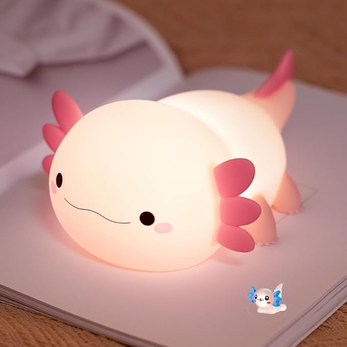 magical JD Axolotl Night Light for Kids Bedroom, Animal Silicone Nursery Night Lamp Touch Dinosaurs Nightlights USB Rechargeable Bedside Lamp for Baby Children Toddlers Girls Gift (Pink Axolotl +1)