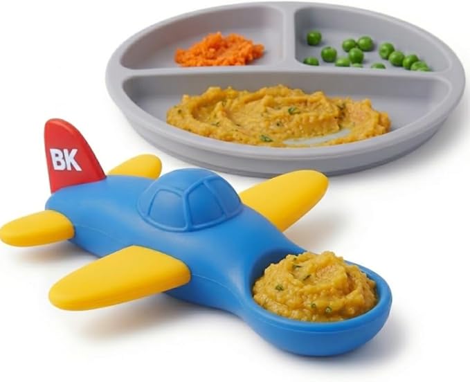Airplane Baby Spoon and Suction Plate Set ??Turn Mealtime Into Playtime | BPA-Free Silicone Baby Feeding Set for Babies 6??8 Months