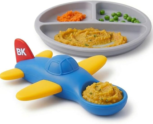 Airplane Baby Spoon and Suction Plate Set ??Turn Mealtime Into Playtime | BPA-Free Silicone Baby Feeding Set for Babies 6??8 Months