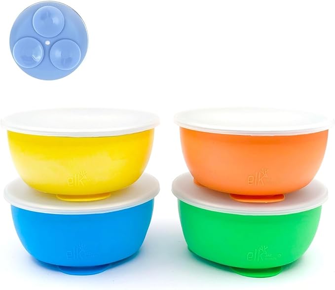 Elk and Friends Stainless Steel Bowls with Silicone Sleeve for Babies & Toddlers | Lids Included | Stay Put Suction | Cereal & Snack Bowls | 4 Pack