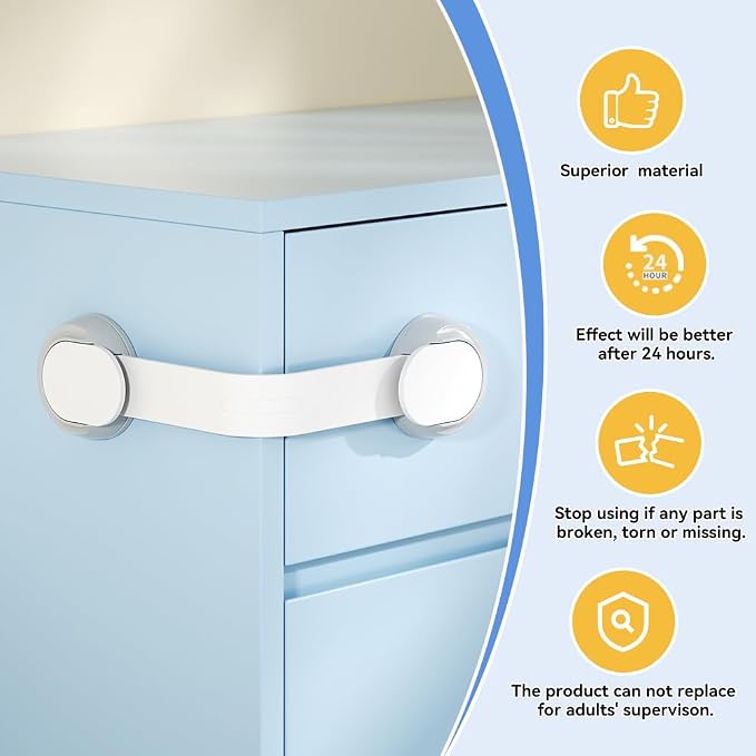 SAFELON 6 PCS Child Safety Locks, Cupboards Straps Locks, Baby Safety Drawer Locks, Childproof Locks for Cabinets, Kitchen, Toilets, Cupboard, Easy Install, No Tools Needed (White)