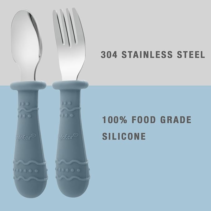 PandaEar Silicone Baby Spoons & Toddler Utensils (Blue/Brown/Red)