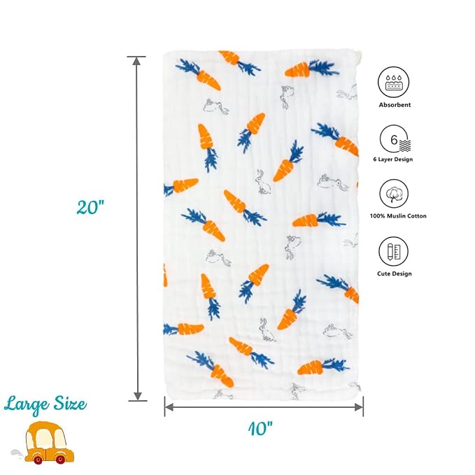 norinori Baby Burp Cloths Muslin Washcloths 6Pack - Muslin Burp Cloths Hanky Large 20''x10'' Extra Soft Absorbent Baby Burp Rags for Newborn 100% Cotton for Boys Girls Gift 6 Layers Machine Washable