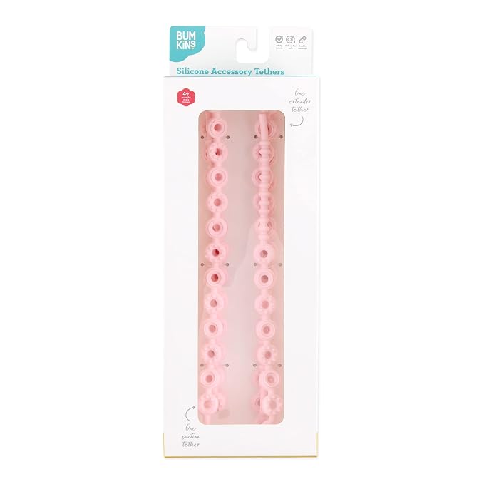 Bumkins Pacifier Clip Feeding Supplies for Baby Girl or Boy, Toy Straps for Sippy Cup, Teether, Stroller Accessories, Platinum Silicone Accessory Tether Leash, Safe for Teething Babies, Pink