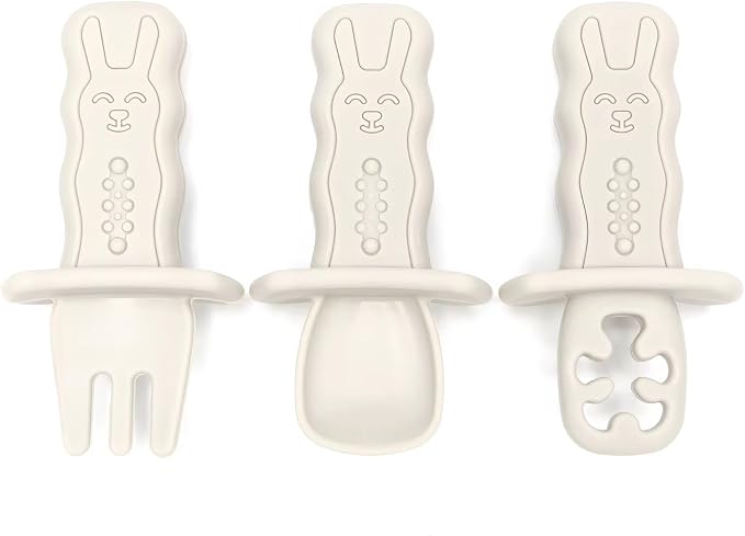 Baby Feeding Utensil Set, 3-piece Silicone Spoon, Fork & Training Feeder for Toddlers (Beige)