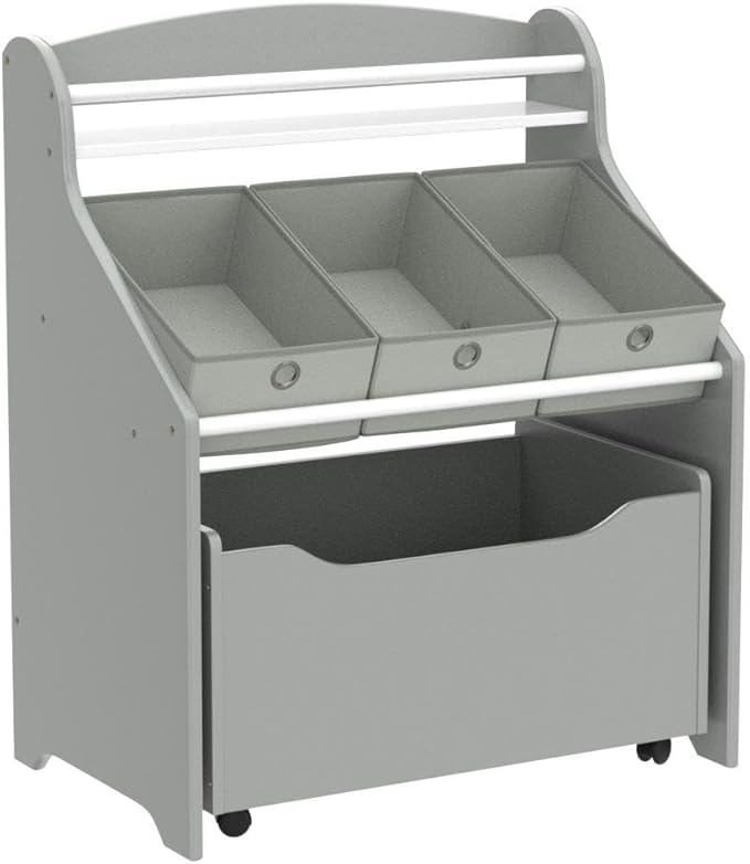 Humble Crew 3-in-1 Kids Bookshelf and Toy Storage Organizer, Grey - Toddler Organizers with Rolling Toy Box and 3 Fabric Bins ??Sturdy Baby Book Shelf, Perfect for Nursery and Playroom