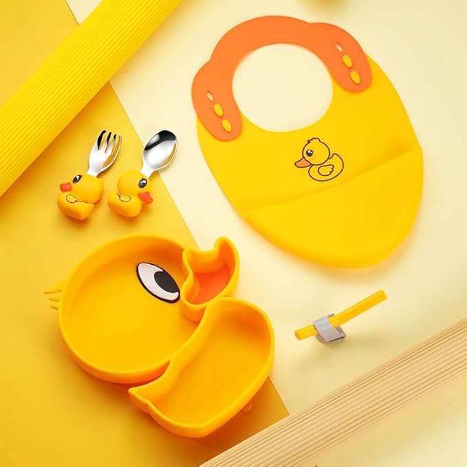 5-Piece Silicone Baby Feeding Set ??Baby Plates with Strong Suction, Toddler Plates Set, Unbreakable Food-Grade Silicone Divided Plate with Spoon, Fork, Bib & Straw Brush