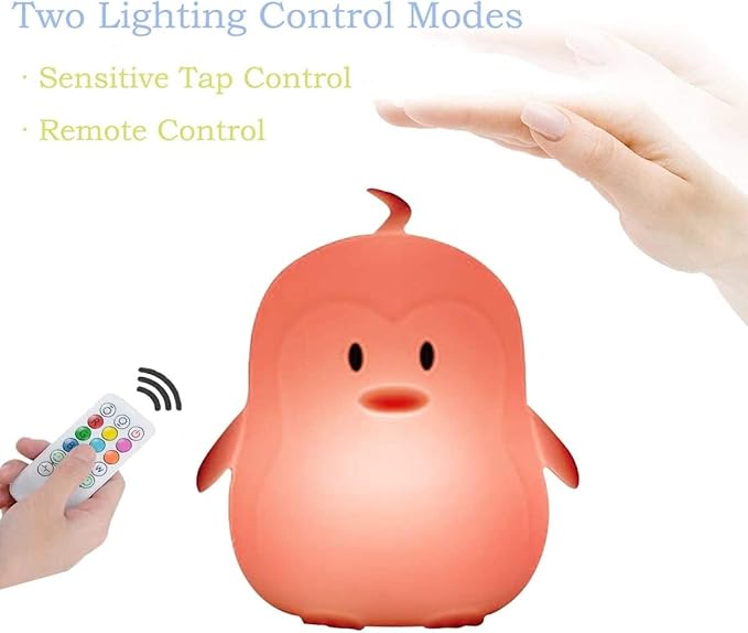 Night Light, LED Cute Silicone Lamp Bedside Lamp, Animal Light - 9 Colors Changing/USB Rechargeable/Remote Control/Dimmable Children Night Light for Kids/Bedroom/Baby Feeding - Medium Penguin