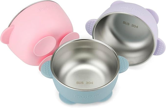 PandaEar 3 Pack Baby Stainless Steel Bowls with Suction, Non-Slip Child Food Bowl with Silicone Sleeve for Kids Toddlers Infants, Extra Strong Base, BPA free