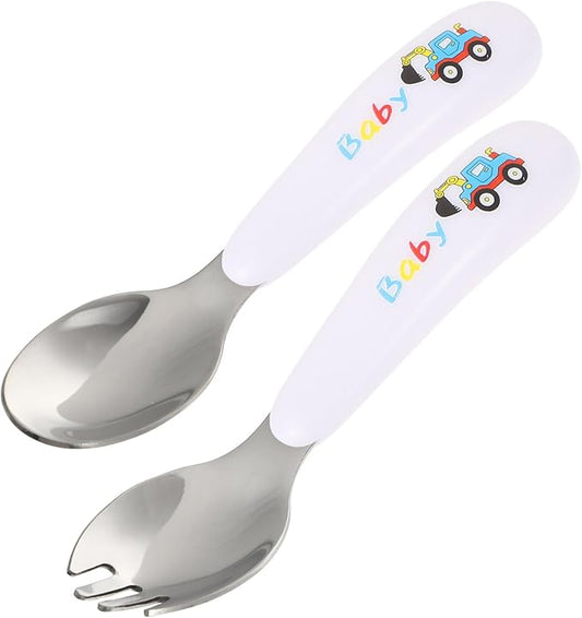 Nonslip Fork and Spoon with Stainless Steel Tableware Safe Rounded Edges for - Includes Portable Storage Box for Newborns and Training