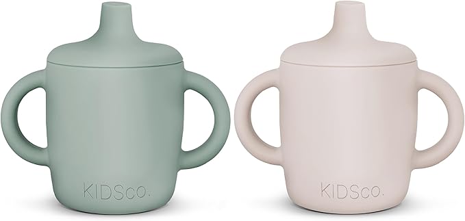 KIDSco. Silicone Sippy Cups (2 Pack) ??Soft Spout & Easy Grip Handles for Babies 6+ months, Plastic Free, Toxic Free Silicone, Leak-Resistant, Dishwasher Safe (Green and Sandy Shore)
