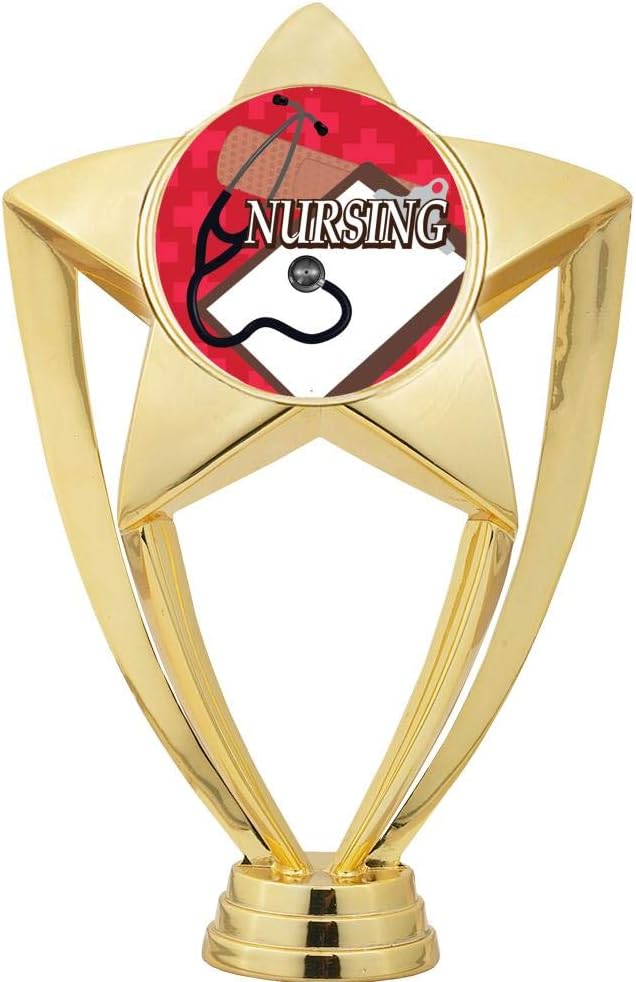 Crown Awards Nursing Trophy, 8" Gold Star Nursing Trophies with Deluxe Round Base Prime