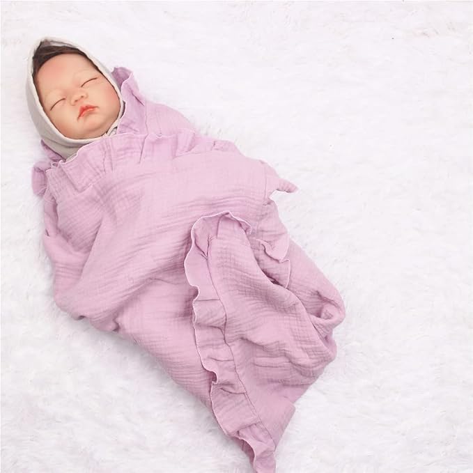 Newborn Baby Blanket, Toddler Blanket, 100% Cotton 4 Layers Soft Swaddling Receiving Blanket with Ruffle, Breathable and Lightweight Blanket, 34 x 26 inch
