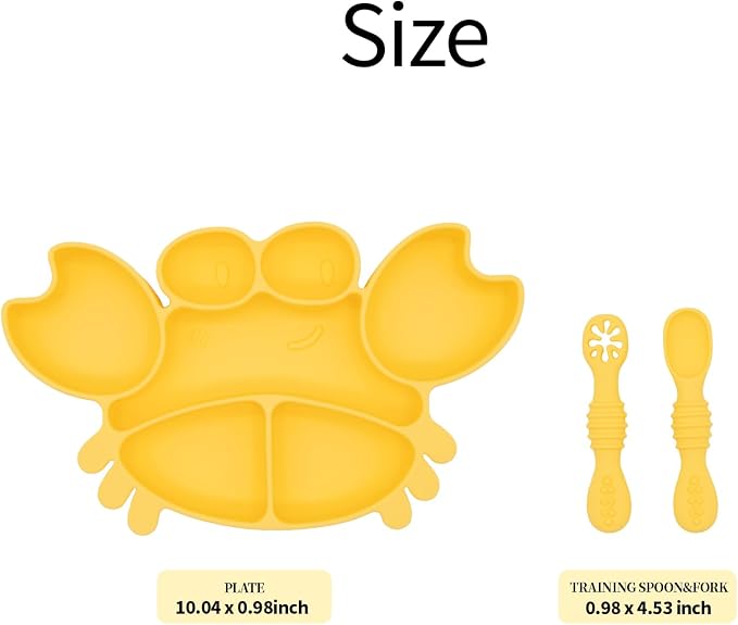 BabyX Silicone Feeding Set (3 PCs) Cove & Coast Series, Baby Plate with Suction Cup, Training Spoon and Fork, BLW Utensils for Toddler Kid, BPA-Free, Microwave/Dishwasher Safe - Yellow Crab
