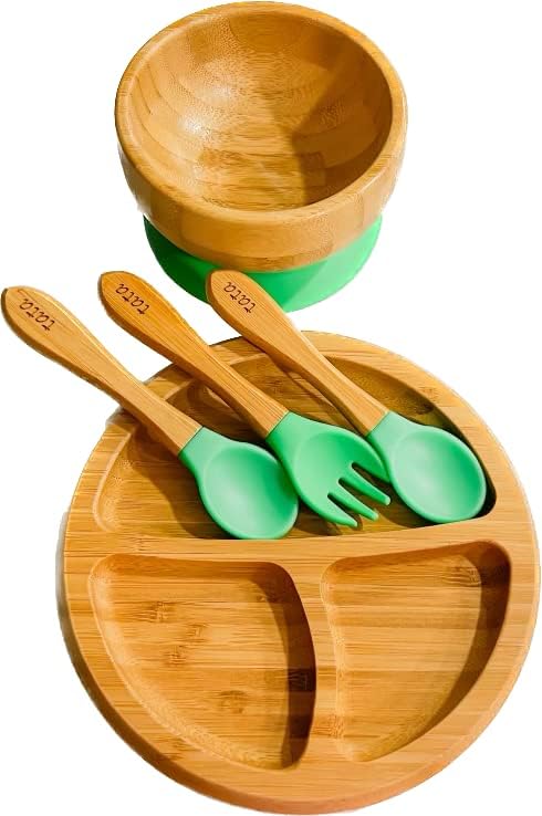 TATA AMG® Bamboo Suction Plate & Bowl with Fork and 2 Spoons | Divided Wooden Feeding Dish for Toddlers | BPA-Free Baby Led Weaning (BLW) Utensil Set