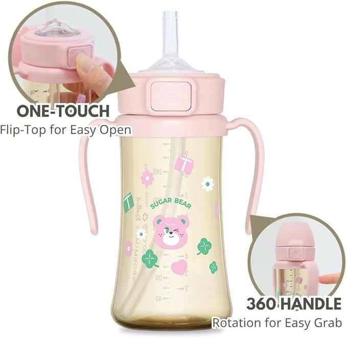GROSMIMI x KNOTTED Flip Top Spill Proof Sippy Cup, PPSU, BPA Free, Stage 2 Straw for Toddlers (Sugar bear 10oz)