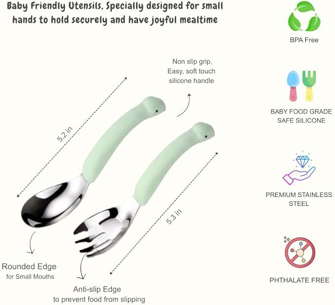 Baby Fork and Spoon Set, Cute Dinosaur Shape Premium Stainless Steel Silicone Toddler Utensils, Encourage Self Feeding, Playful & Fun, Safe, BPA Free, Easy Grip, Dishwsher Safe, Perfect Baby Gift