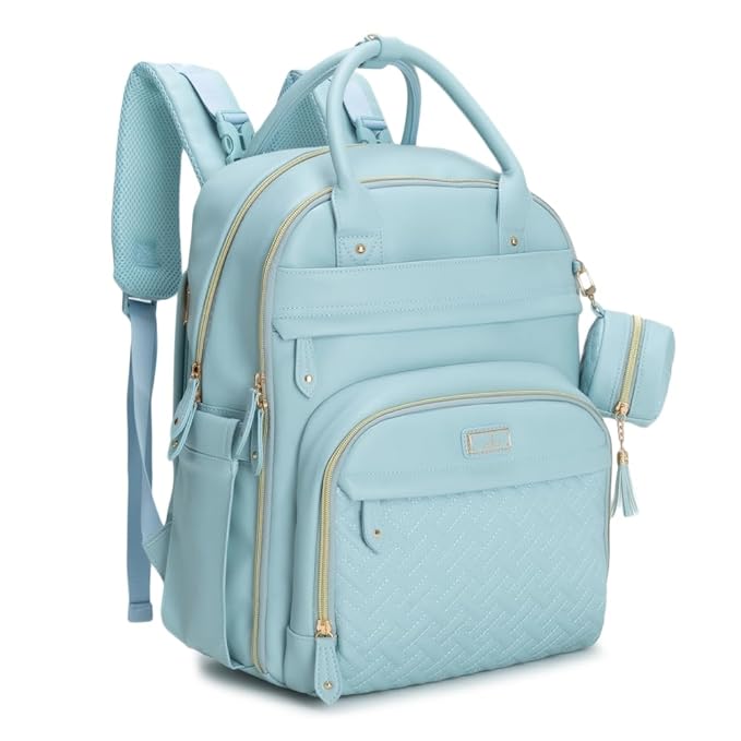 BabbleRoo Leather Diaper Bag Backpack - Baby Essentials Travel Baby Bag, Multi function, Water Resistant, with Changing Pad, Stroller Straps & Pacifier Case ??Unisex, Powder Blue