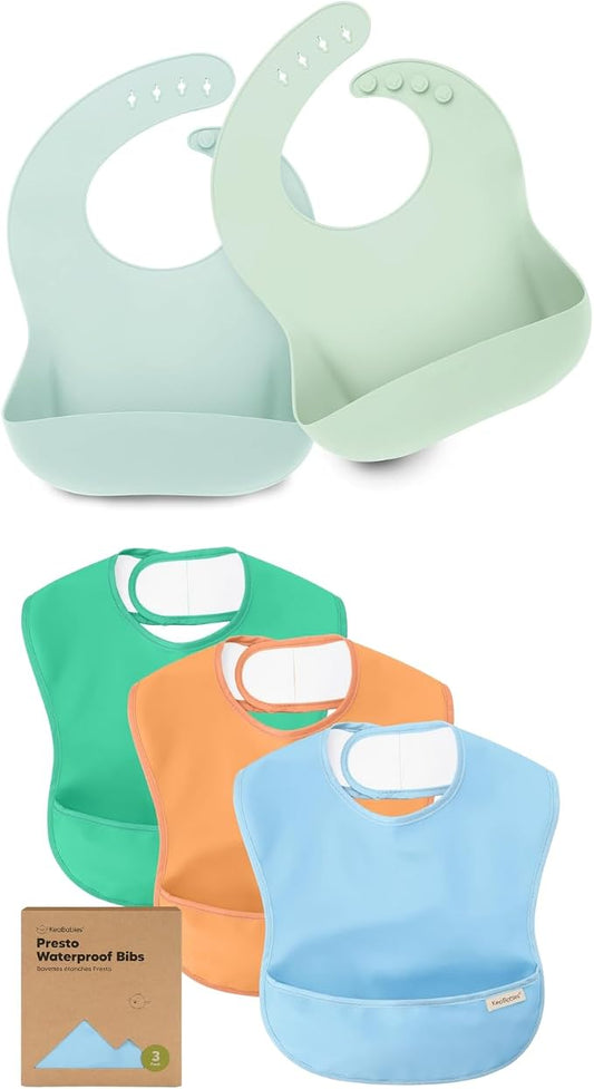 KeaBabies 2-Pack Baby Silicone Bibs and 3-Pack Waterproof Baby Bibs for Eating - Waterproof, Easy Wipe Silicone Bib for Babies, Toddlers - Lightweight Baby Bib with Food Catcher, Mess Proof Bibs