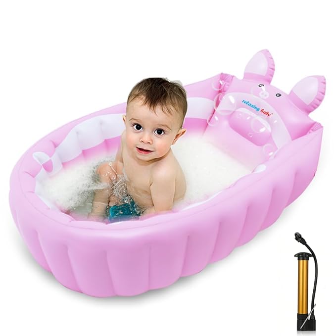 Inflatable Baby Bathtub,Newborn to Toddler Bath Tub with Built-in Air Pump,Portable Travel Shower Basin with Back Support,Foldable Toddler Tub Shower for Kids 0-6 Months(Pink)