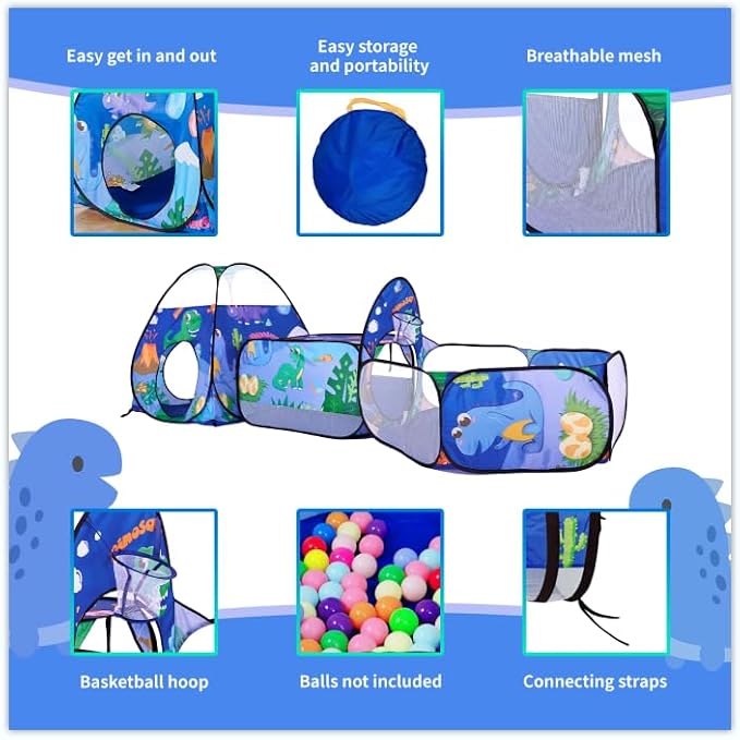 3PC Dinosaur Kids Play Tent with Ball Pit, Crawl Tunnel, Toddlers Playhouse Castle Toys, Baby Boys Girls Gift for 3 4 5 6 7 Years Old, Outdoor Indoor, Lightweight (Balls Not Included)