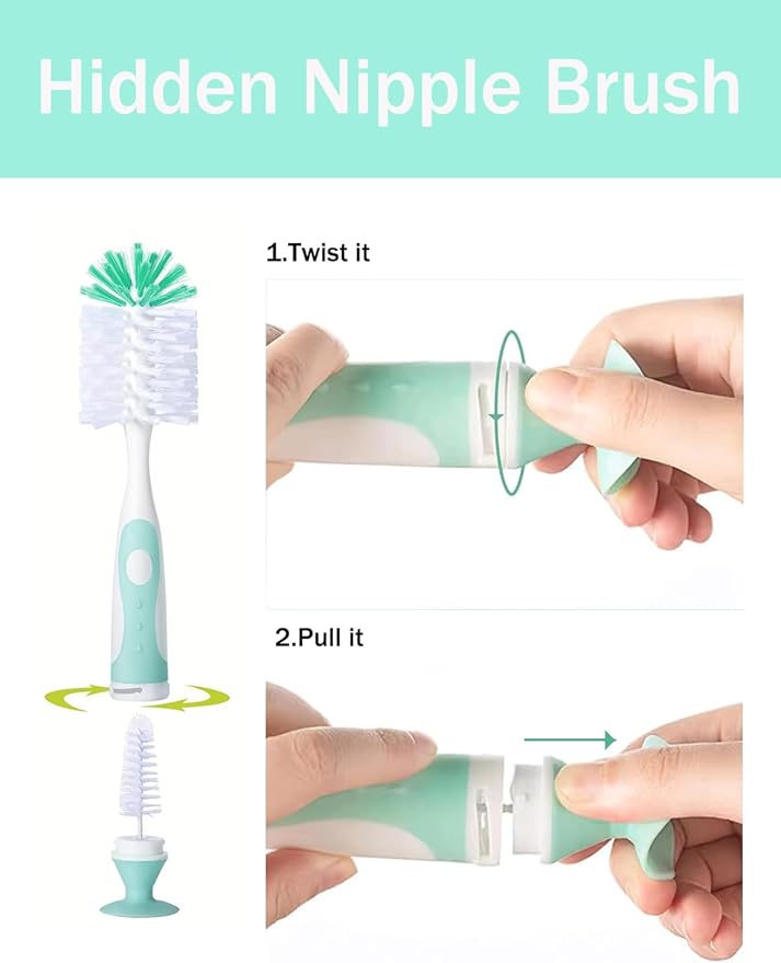 Baby Bottle Brush, 5 in 1 Bottle Cleaner Brush Set with Nylon and Silicone Bottle Brush, Straw Brush, Bottle Brush with Nipple Cleaner and Suction Cup, Cup Lid Cleaner Brushes Kit, BPA-Free (Green)