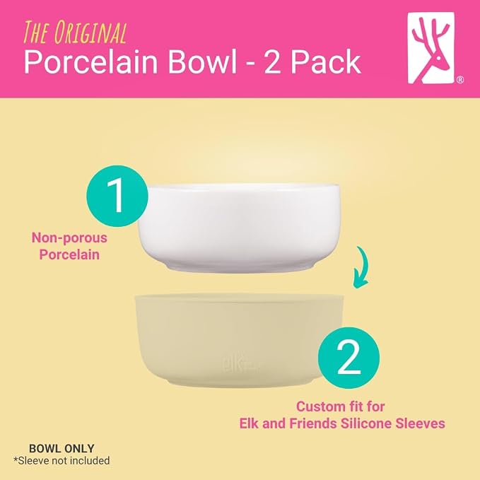Elk and Friends Kids Porcelain Bowls| Kids/Toddler/Baby Feeding | Microwave & Dishwasher Safe | Non slip | Cereal/Soup/Snack Dishes & Dinnerware | 2 Pack