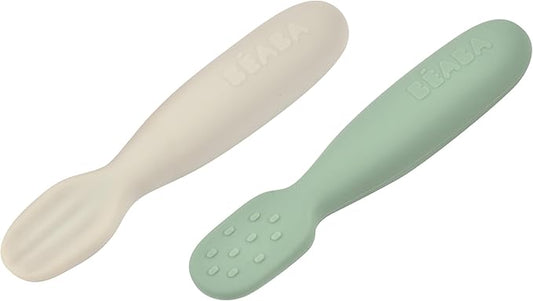 BEABA Set of 2 Silicone Pre-Spoons, For Babies 4-8 Months, Ultra-Soft Silicone Spoons to Help with Self Feeding, Designed with Specialist, Baby Utensils, Sage/Grey