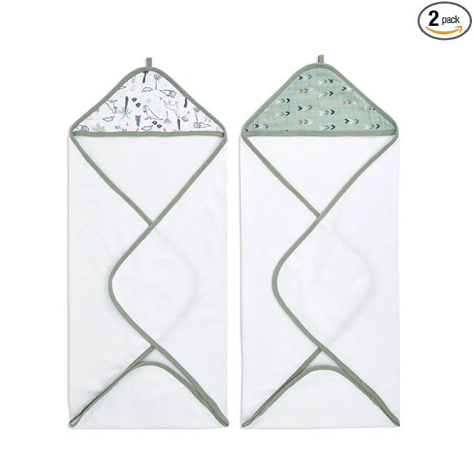 aden + anais Aden Classic Hooded Baby Bath Towel, Super Soft 100% Cotton, 2 Pack, Dinotime