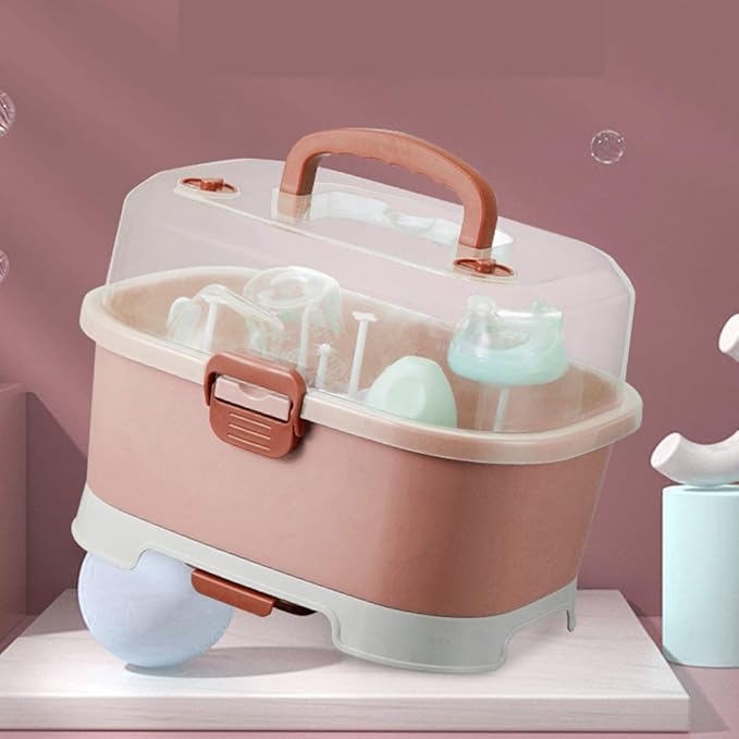 Baby Bottle Drying Rack Storage, Large Nursing Bottle Storage Box Organizer with Cover, Portable Kitchen Cabinet Organizer, Easy to Clean Drainer, Durable countertop Dryer Pink