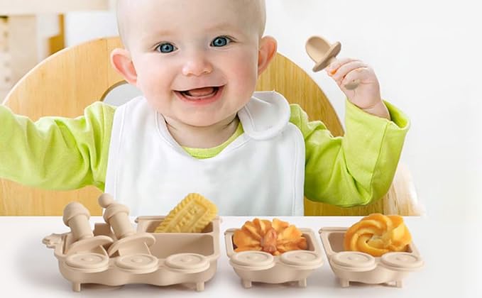 Baby Suction Plate Silicone, 5 Piece Baby Feeding Set - Non Slip Unique Trains Toddler Plates with Fork Spoon, Kids Baby Weaning Plate for No More Meal Time Mess (Beige)