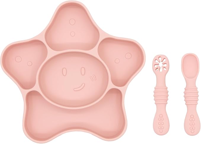 BabyX Silicone Feeding Set (3 PCs) Cove & Coast Series, Baby Plate with Suction Cup, Training Spoon and Fork, BLW Utensils for Toddler Kid, BPA-Free, Microwave/Dishwasher Safe - Pink Sea Star